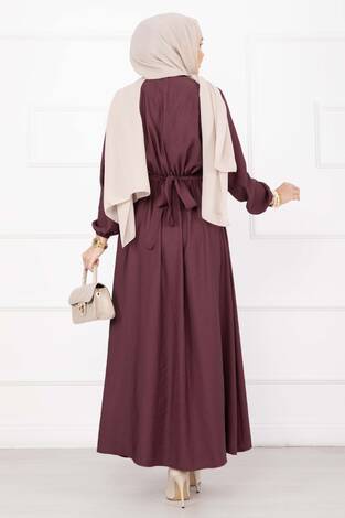 Gold Broş Bel Detaylı Tesettür Elbise Bordo - Thumbnail