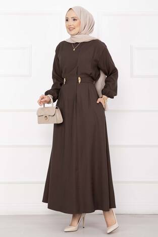 Gold Broş Bel Detaylı Tesettür Elbise Kahve - Thumbnail