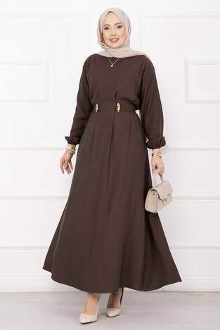 Gold Broş Bel Detaylı Tesettür Elbise Kahve - Thumbnail