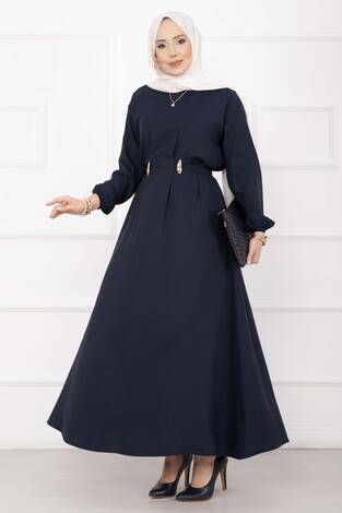 Gold Broş Bel Detaylı Tesettür Elbise Lacivert - Thumbnail