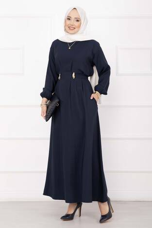 Gold Broş Bel Detaylı Tesettür Elbise Lacivert - Thumbnail