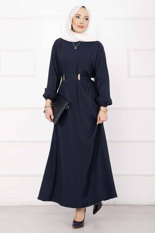 Gold Broş Bel Detaylı Tesettür Elbise Lacivert