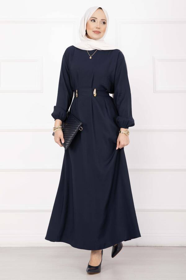 Znk - Gold Broş Bel Detaylı Tesettür Elbise Lacivert