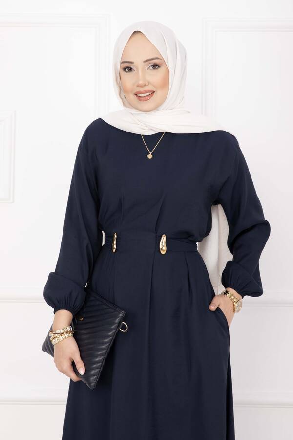 Znk - Gold Broş Bel Detaylı Tesettür Elbise Lacivert (1)
