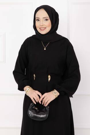 Gold Broş Bel Detaylı Tesettür Elbise Siyah - Thumbnail