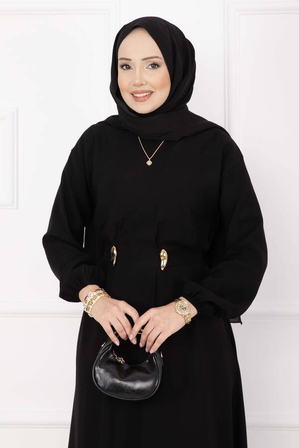 Znk - Gold Broş Bel Detaylı Tesettür Elbise Siyah (1)