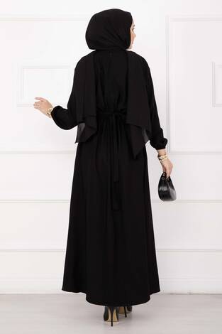 Gold Broş Bel Detaylı Tesettür Elbise Siyah - Thumbnail