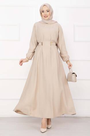 Gold Broş Bel Detaylı Tesettür Elbise Taş