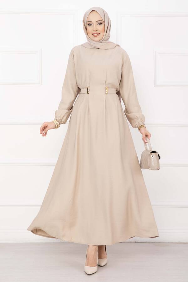 Znk - Gold Broş Bel Detaylı Tesettür Elbise Taş