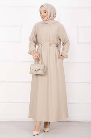 Gold Broş Bel Detaylı Tesettür Elbise Taş - Thumbnail