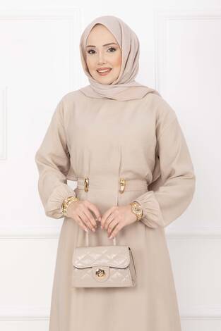 Gold Broş Bel Detaylı Tesettür Elbise Taş - Thumbnail