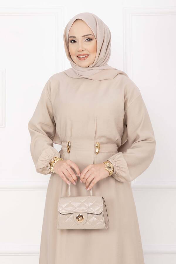 Znk - Gold Broş Bel Detaylı Tesettür Elbise Taş (1)