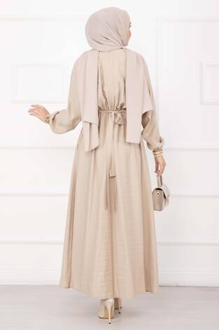 Gold Broş Bel Detaylı Tesettür Elbise Taş - Thumbnail