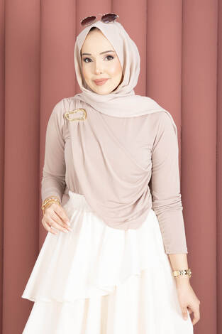 Gold Broş Detaylı Sandy Body Bej - Thumbnail