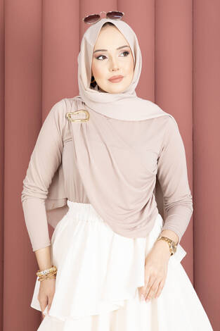 Gold Broş Detaylı Sandy Body Bej - Thumbnail