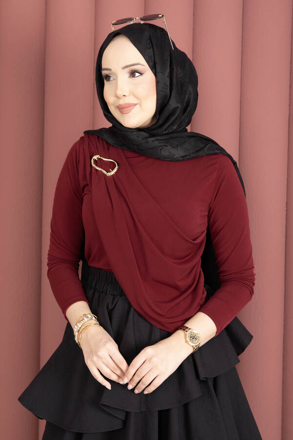 Gold Broş Detaylı Sandy Body Bordo - 3
