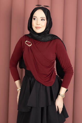 Gold Broş Detaylı Sandy Body Bordo - Thumbnail