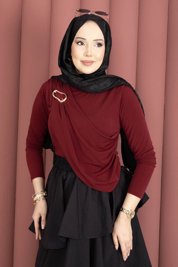 Gold Broş Detaylı Sandy Body Bordo - 5