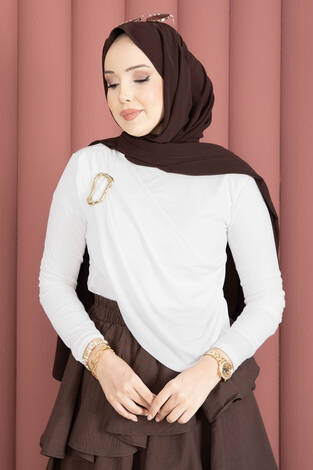 Gold Broş Detaylı Sandy Body Ekru - Thumbnail