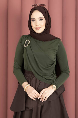 Gold Broş Detaylı Sandy Body Haki - Thumbnail