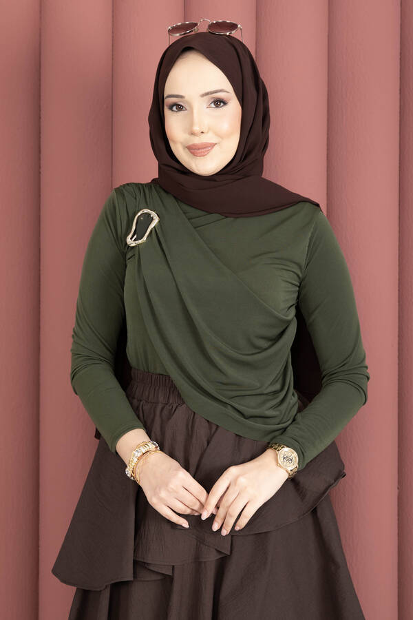Gold Broş Detaylı Sandy Body Haki - 4
