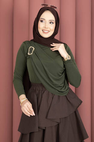 Gold Broş Detaylı Sandy Body Haki - Thumbnail