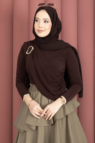 Gold Broş Detaylı Sandy Body Kahve - Thumbnail