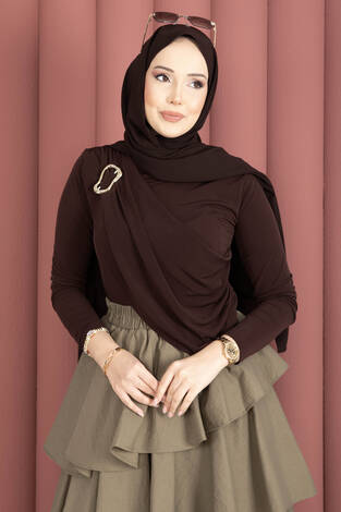 Gold Broş Detaylı Sandy Body Kahve - Thumbnail