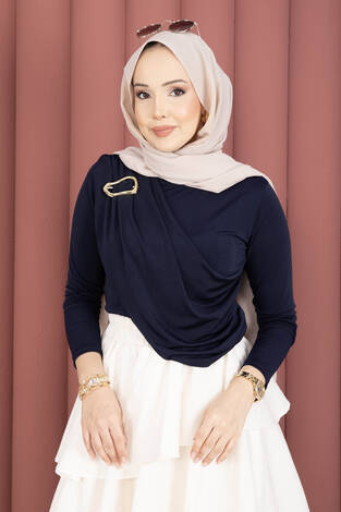 Gold Broş Detaylı Sandy Body Lacivert - Thumbnail