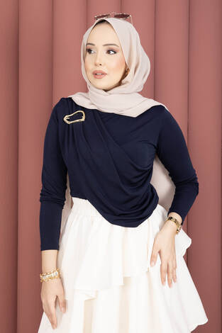 Gold Broş Detaylı Sandy Body Lacivert - Thumbnail