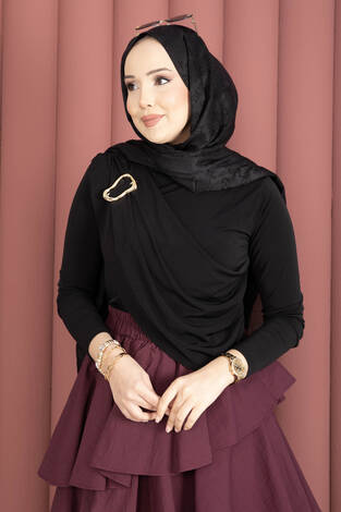 Gold Broş Detaylı Sandy Body Siyah - Thumbnail