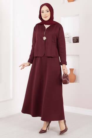 Gold Broşlu Ceket Etek İkili Takım Bordo - Thumbnail