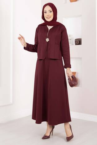 Gold Broşlu Ceket Etek İkili Takım Bordo - Thumbnail