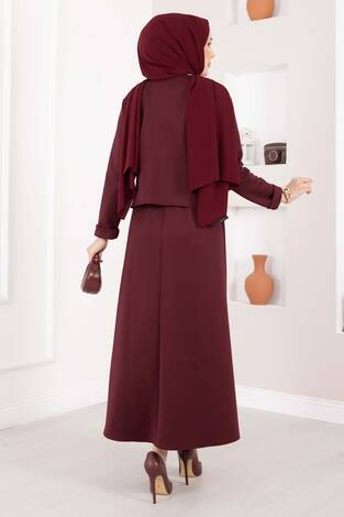 Gold Broşlu Ceket Etek İkili Takım Bordo - Thumbnail