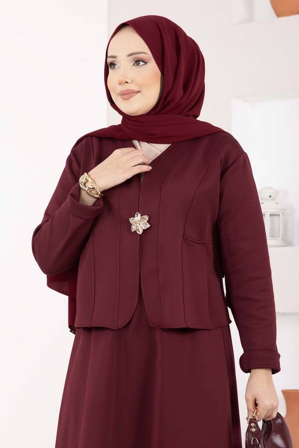 Znk - Gold Broşlu Ceket Etek İkili Takım Bordo (1)