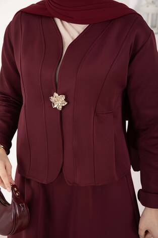 Gold Broşlu Ceket Etek İkili Takım Bordo - Thumbnail