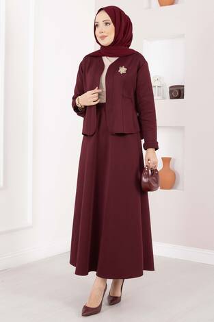 Gold Broşlu Ceket Etek İkili Takım Bordo - Thumbnail