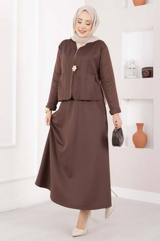 Gold Broşlu Ceket Etek İkili Takım Kahve - Thumbnail