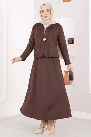 Gold Broşlu Ceket Etek İkili Takım Kahve - Thumbnail