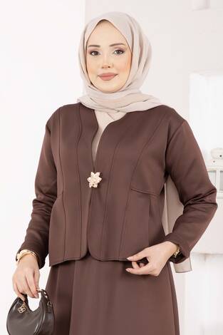 Gold Broşlu Ceket Etek İkili Takım Kahve - Thumbnail