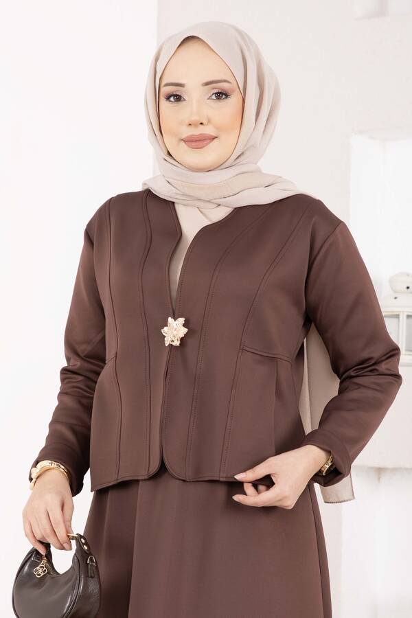 Znk - Gold Broşlu Ceket Etek İkili Takım Kahve (1)