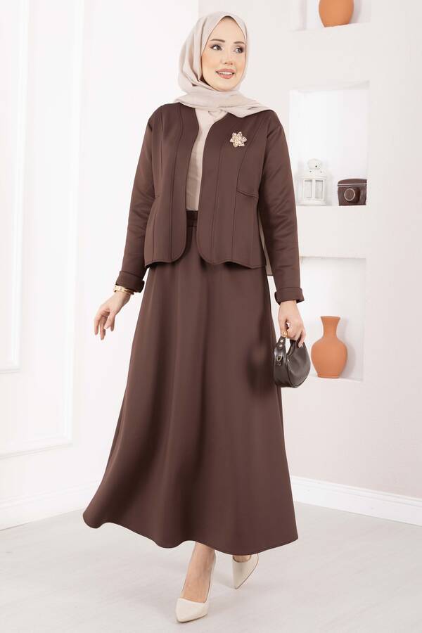 Znk - Gold Broşlu Ceket Etek İkili Takım Kahve