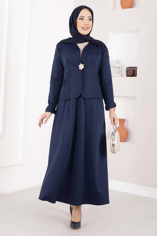 Gold Broşlu Ceket Etek İkili Takım Lacivert - Thumbnail