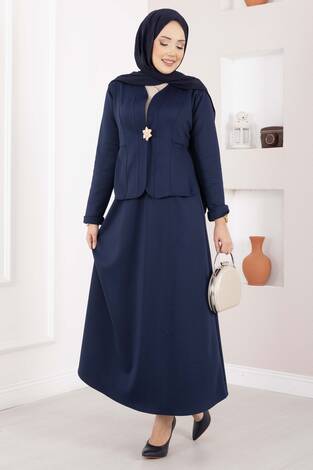 Gold Broşlu Ceket Etek İkili Takım Lacivert - Thumbnail