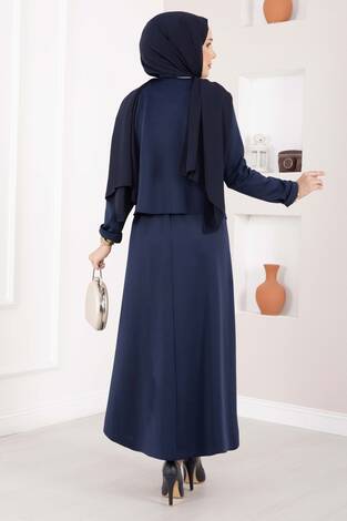 Gold Broşlu Ceket Etek İkili Takım Lacivert - Thumbnail