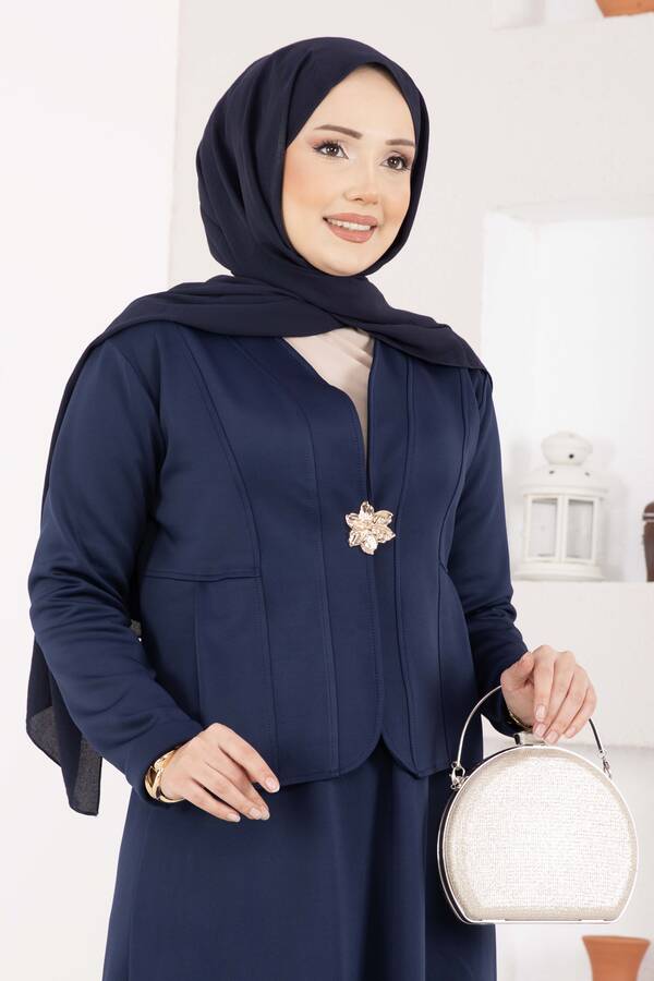 Znk - Gold Broşlu Ceket Etek İkili Takım Lacivert (1)