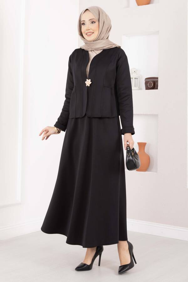 Znk - Gold Broşlu Ceket Etek İkili Takım Siyah