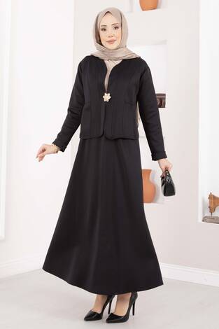 Gold Broşlu Ceket Etek İkili Takım Siyah - Thumbnail