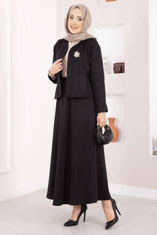 Gold Broşlu Ceket Etek İkili Takım Siyah - Thumbnail