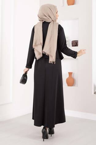 Gold Broşlu Ceket Etek İkili Takım Siyah - Thumbnail